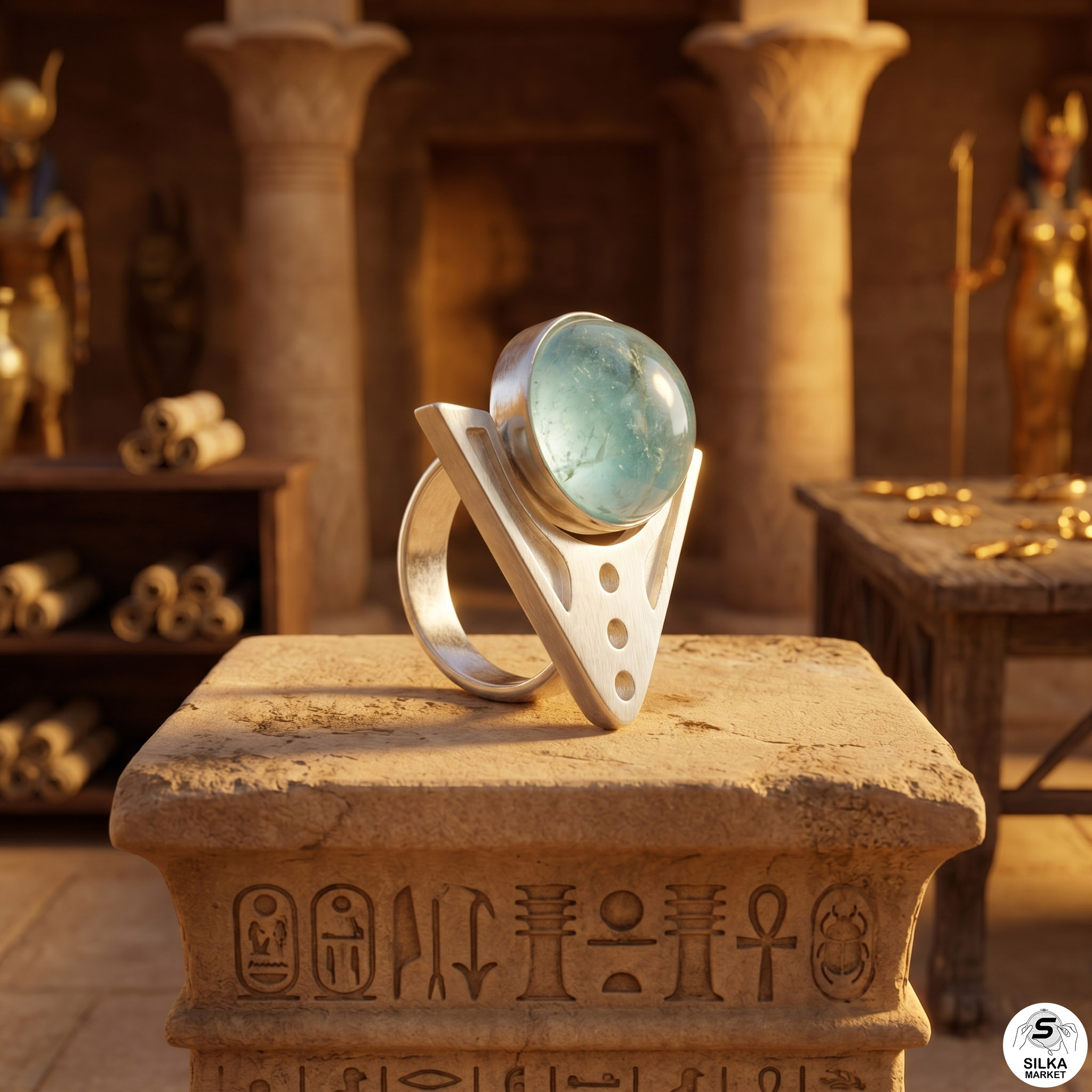Triangular silver ring with fluorite lobe