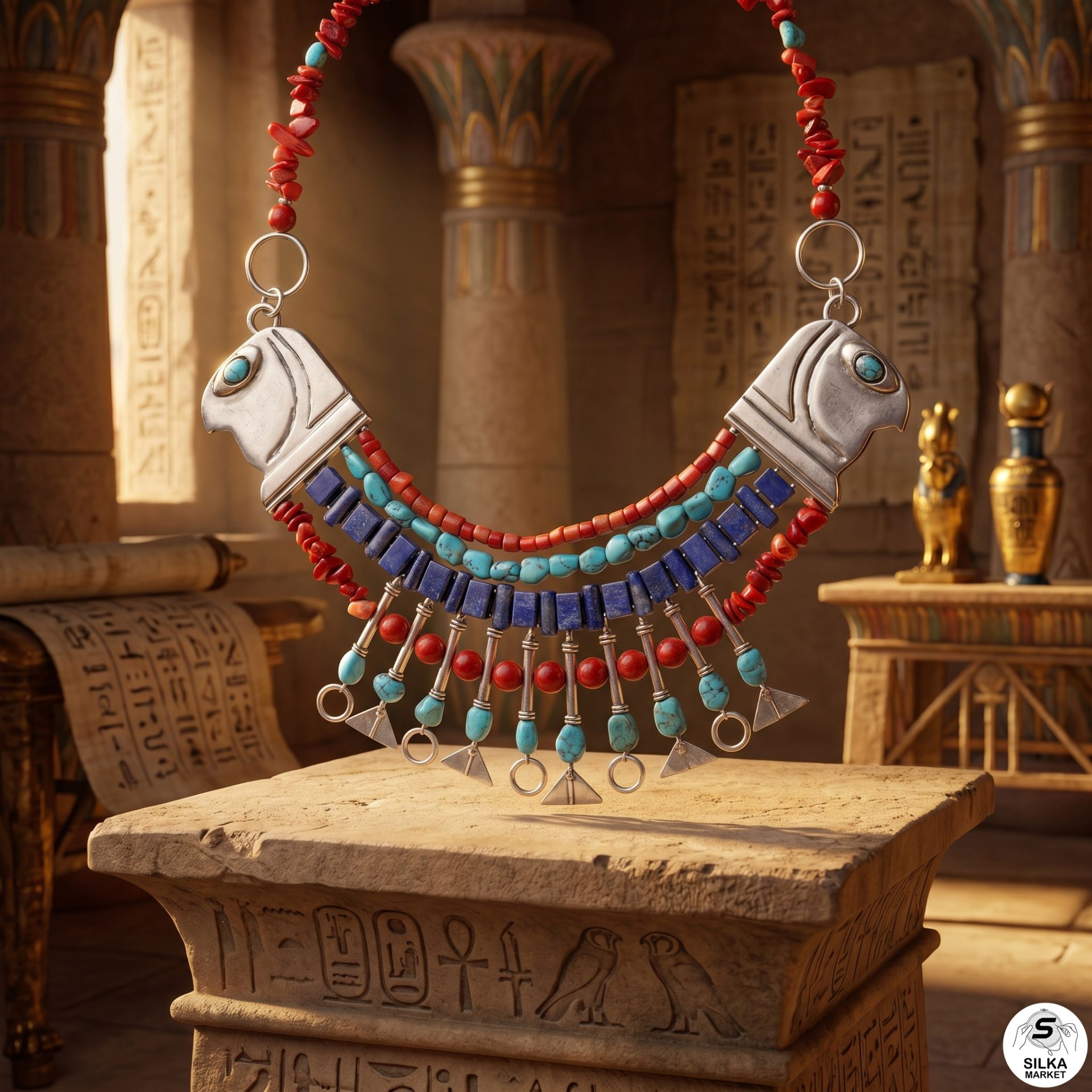 Eye of Horus necklace made of silver with various precious stones