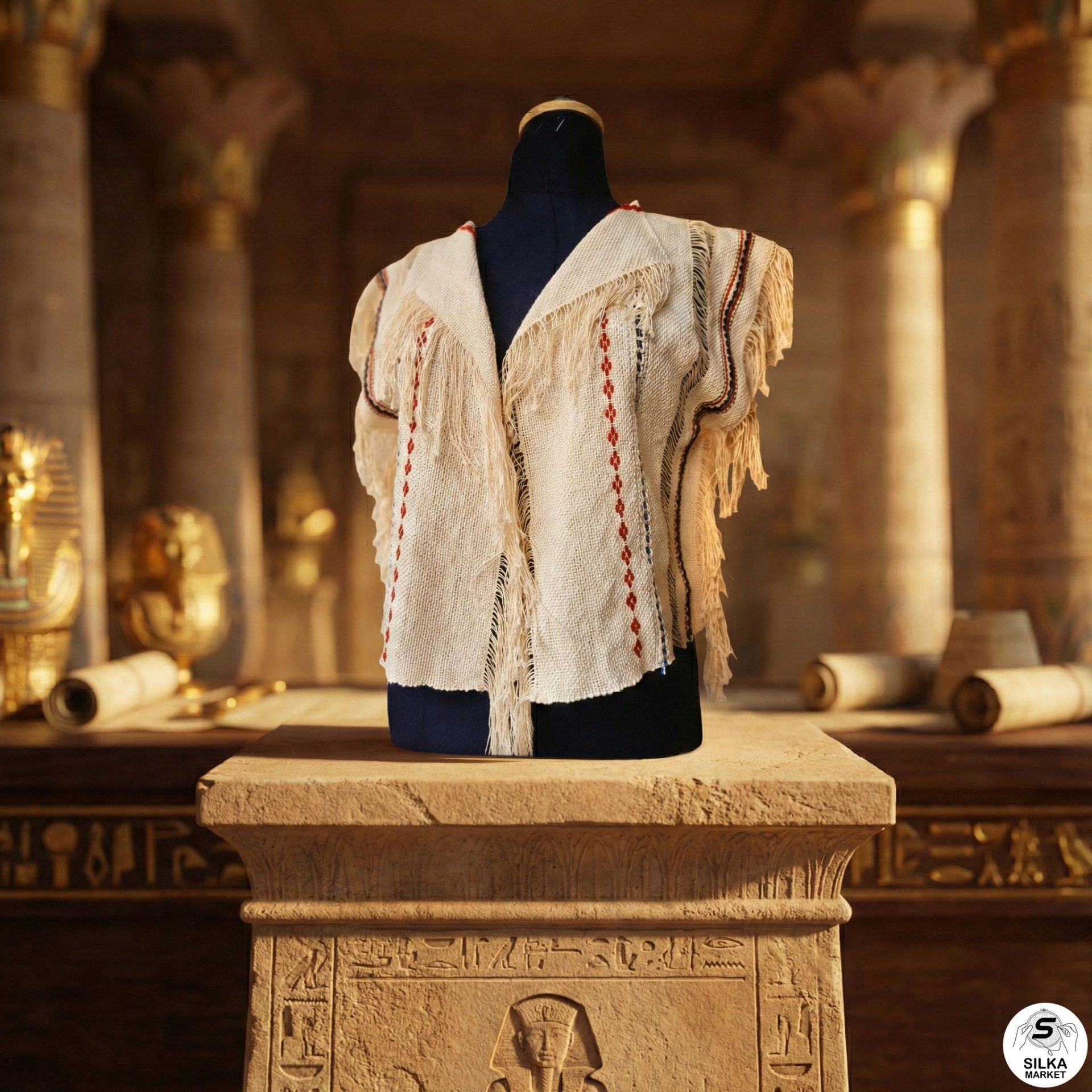 A vest or jacket handwoven on a loom, with a unique design