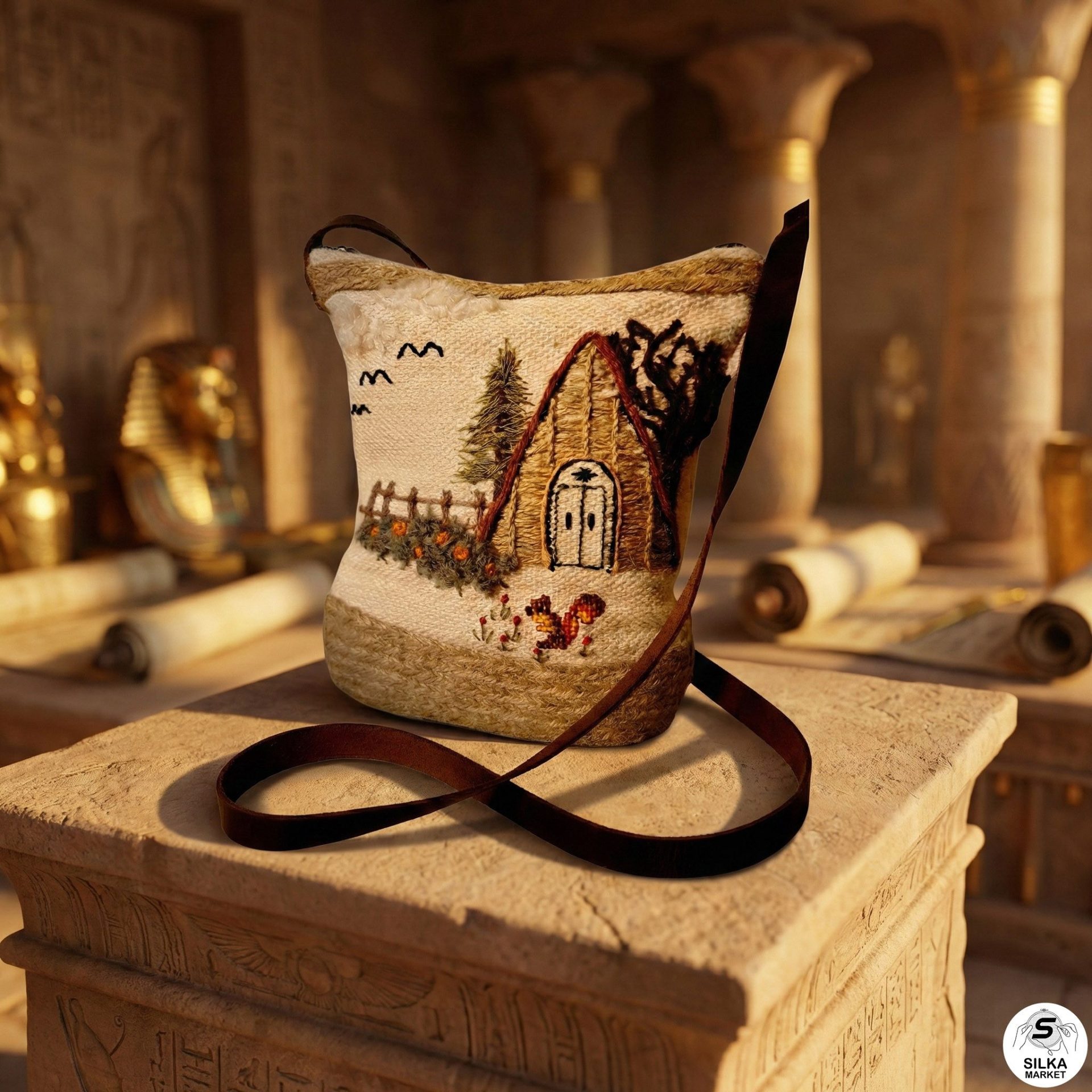 A bag made of loom fabric and hand-embroidered with a fixed base of burlap threads