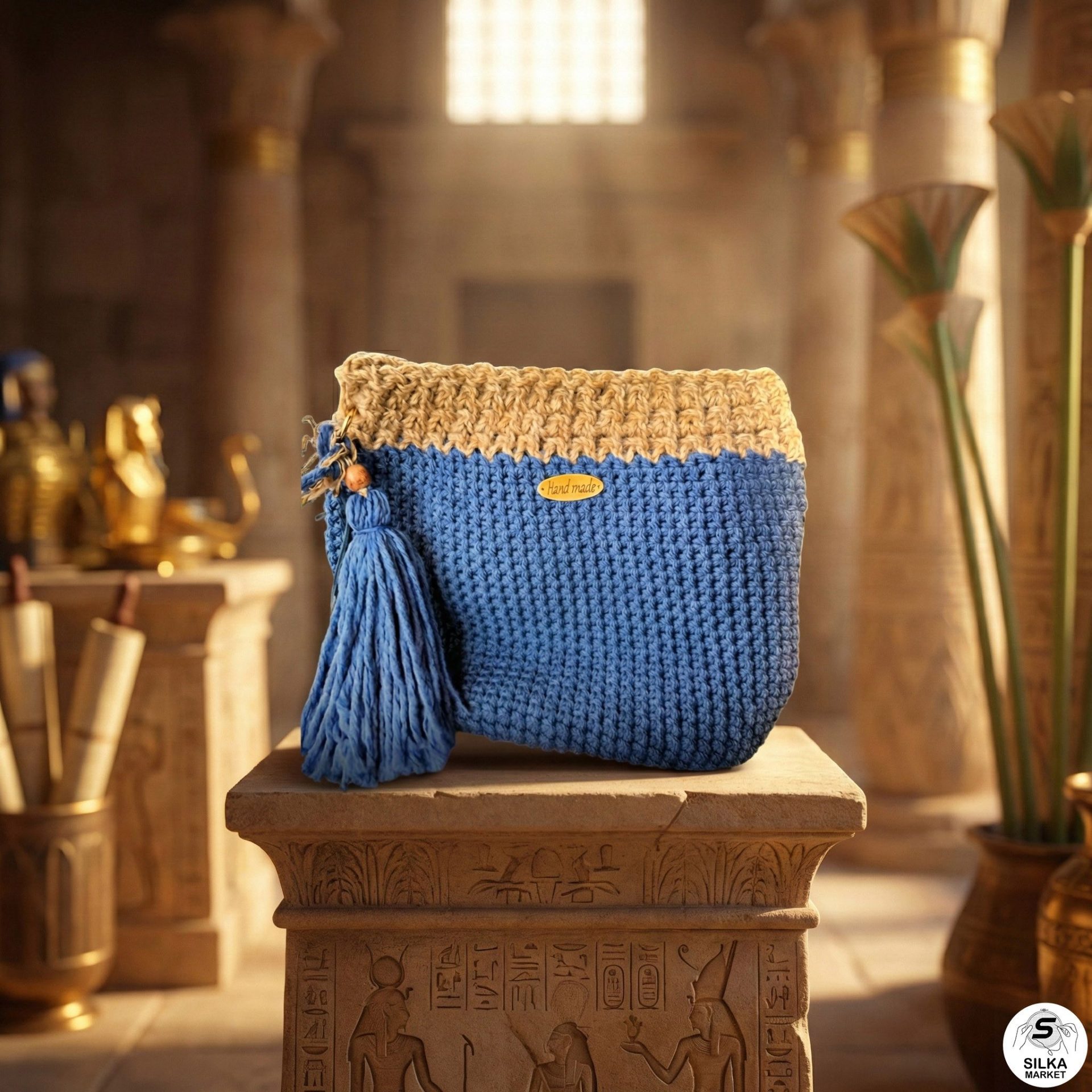 Crochet bag made with Egyptian Macrame and Jute with leather handles