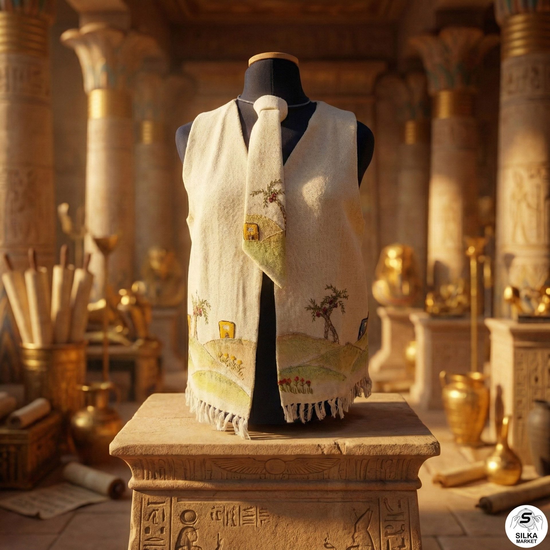 Vest made of fabric hand-woven on a loom, colored in solid colors and embroidered with rustic Egyptian designs